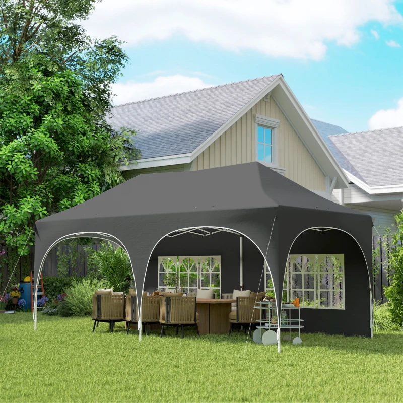 Outsunny 3 x 6m Pop Up Gazebo Shelter with Sides, 6 Sandbags, Peak Top Garden Party Tent Marquee with Carry Bag, Dark Grey