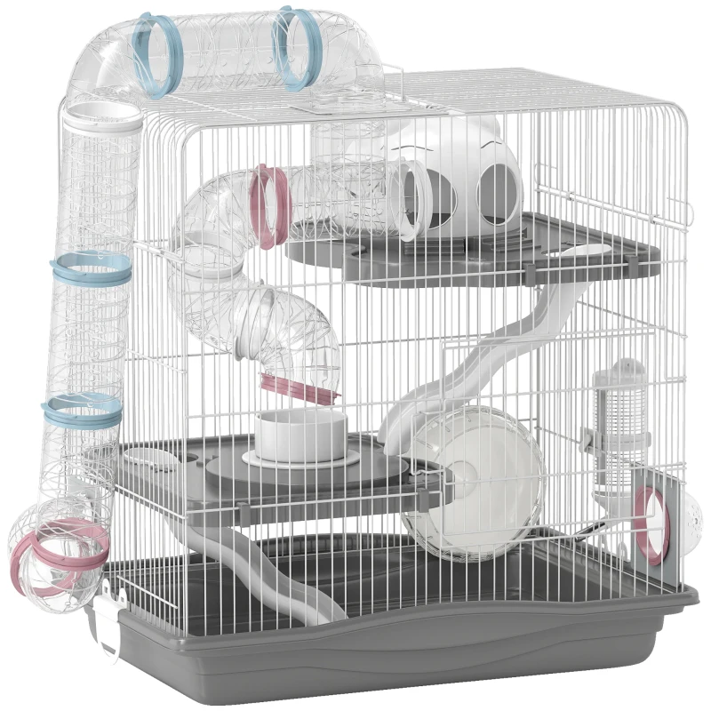 PawHut 3-Tier Hamster Cage with Exercise Wheels, Water Bottle, Food Dish, for Dwarf Hamsters, 45 x 30 x 45 cm, Grey