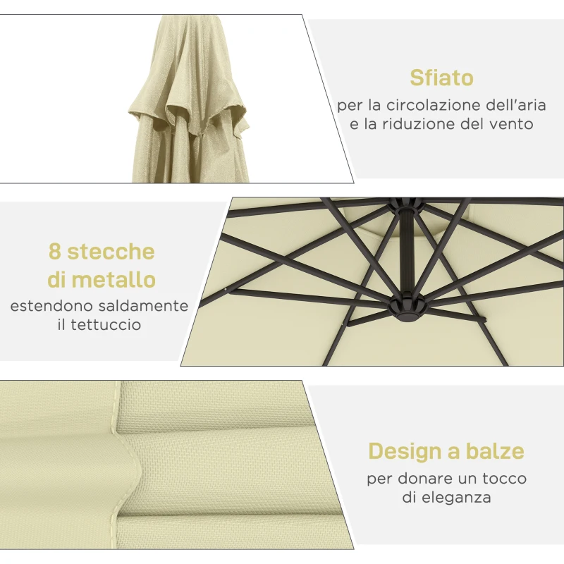 Outsunny Ombrellone da Giardino 3x2.5 m a Braccio Inclinabile con Manovella, Beige