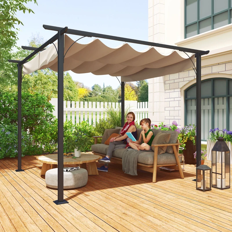 Outsunny Pérgola de Jardín 3x3m Gazebo Cenador para Exterior con Techo Retráctil Tela Poliéster Impermeable y Anti-UV para Patio Terraza Beige