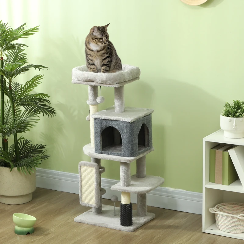 PawHut Albero per Gatti Multilivello Alto 104 cm con Casetta, Lettino, Pali Tiragraffi, Spazzola e Pallina, Grigio