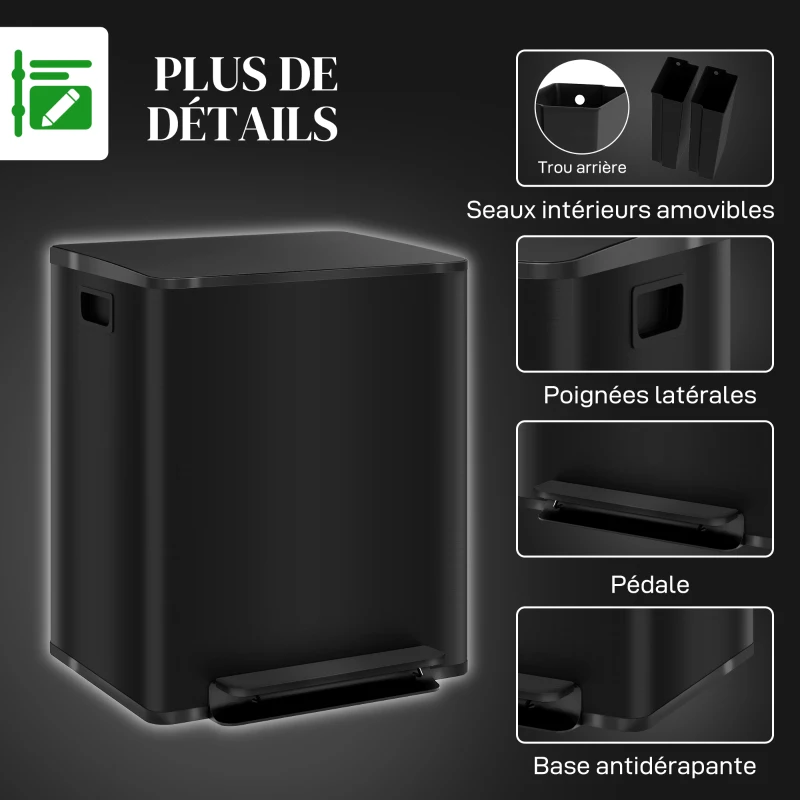 HOMCOM Poubelle de cuisine 2 compartiments de 2 x 25L, acier inoxydable, couvercle à fermeture douce, 47,7x37,5x56cm, noir
