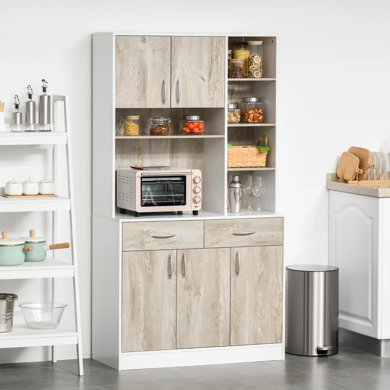 HOMCOM Mobile Buffet Dispensa Cucina, Ante Cassetti e Vani Aperti, 100L x 39P x 181.5Acm Bianco e Legno