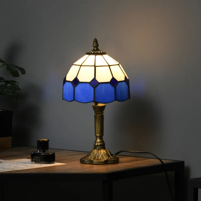 HOMCOM Handmade Stained Glass Table Lamp, Antique Bedside Lamp for Bedroom, Living room, Home, Nightstand, Decorative Night Light, Blue