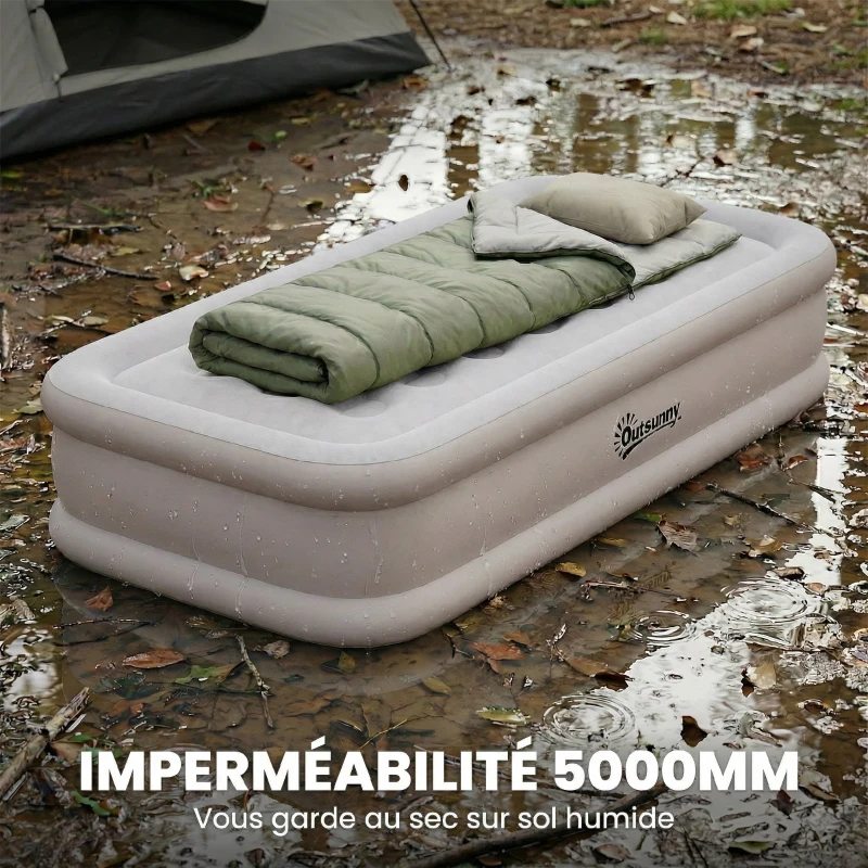Outsunny Matelas Gonflable, Pompe Électrique Intégrée, Surface Floqué , Imperméable 5000 mm, Sac Transport, 190x97x39cm, Kaki