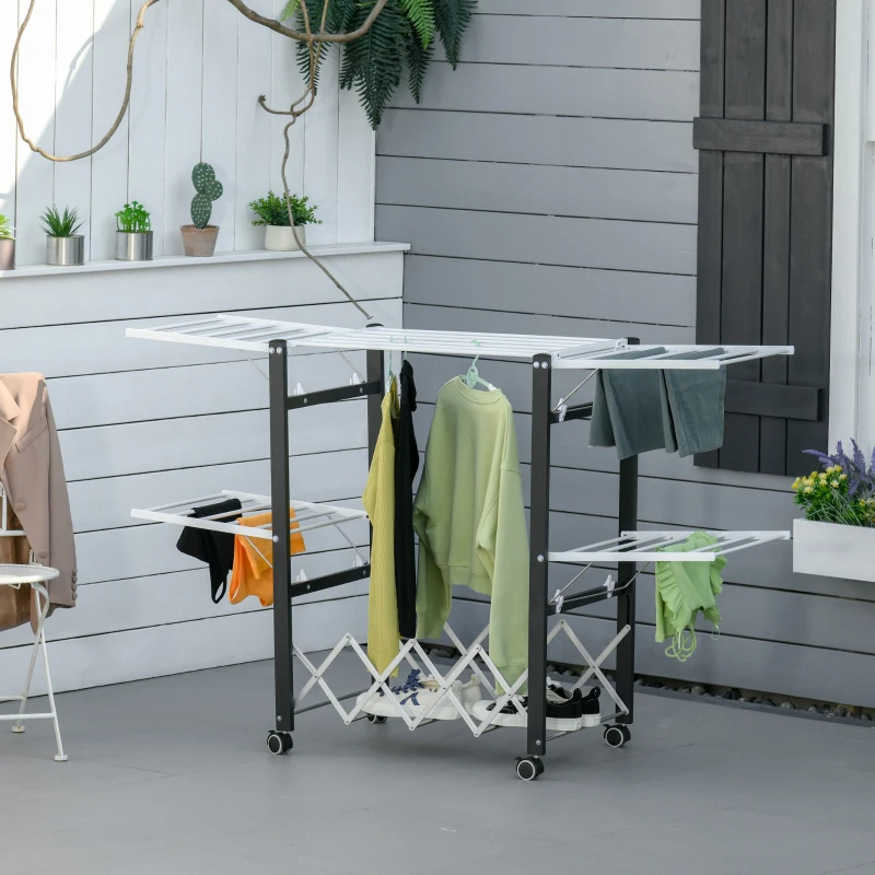 HOMCOM Tendedero de Ropa con Ruedas Plegable Tendedor Vertical de Aluminio con 4 Alas Laterales y Estante 157,5x54x101cm Blanco
