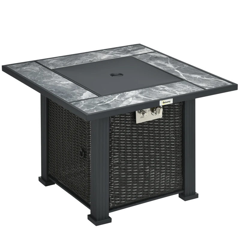 Outsunny Outdoor PE Rattan Gas Fire Pit Table, Patio Square Propane Heater with Marble Desktop, Rain Cover, Glass Windscreen, and Glass Stones, 50,000 BTU, Black