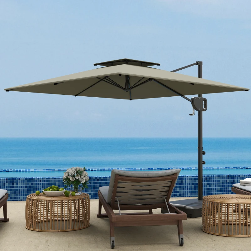 Outsunny Cantilever Parasol with Weighted Base Double Top Garden Parasol Square Hanging Patio Umbrella with Crank Tilt Light Grey
