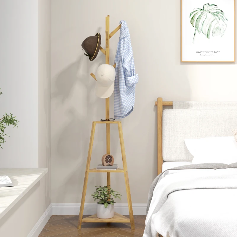 HOMCOM Cabide de pé em bambu suporte para roupas 8 ganchos 3 prateleiras 46 x 46 x 175 cm natural
