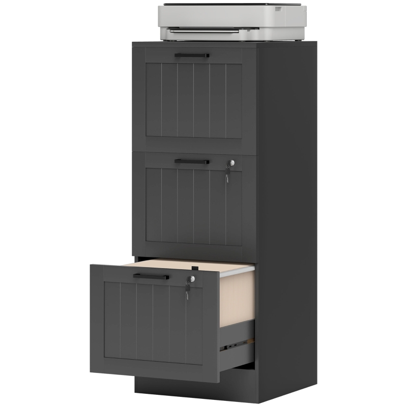 HOMCOM Caisson bureau, meuble rangement bois 3 tiroirs et serrure, barres de suspension réglables, 40 x 40 x 101 cm, noir
