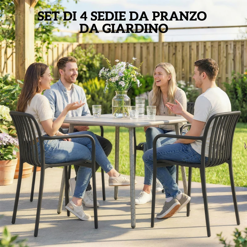 Outsunny Set di 4 Sedie da Patio Impilabili, Sedie da Pranzo per Esterni con Schienale Curvo, Seduta con Listelli e Braccioli