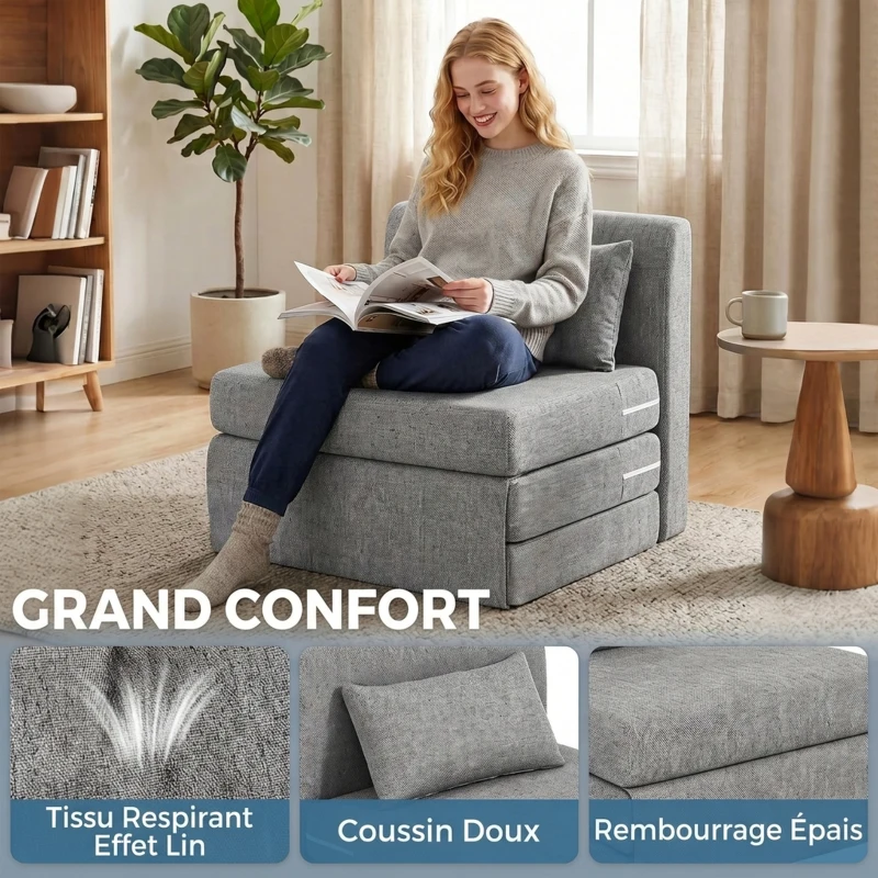HOMCOM Fauteuil chauffeuse pliant 3 en 1 avec coussin, convertible, matelas dépliant pour invités, salon, bureau, gris