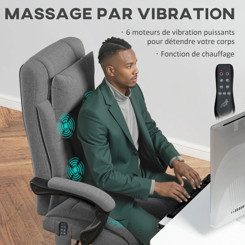Vinsetto Chaise de bureau de massage chauffante réglable en hauteur de 116-124 cm ergonomique inclinable tissu effet lin, gris