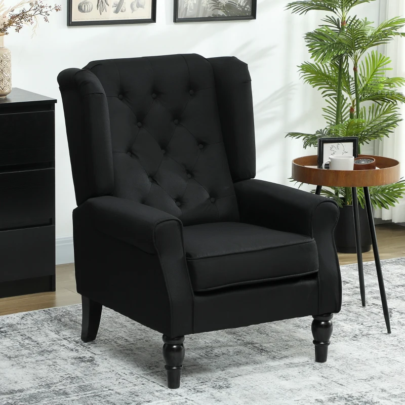 HOMCOM Wingback Accent Chair, Faux Linen Armchair with Thick Spring Cushion, High Back, Solid Wood Legs, Retro Button Tufted Reading Chair for Living Room, Bedroom, Black