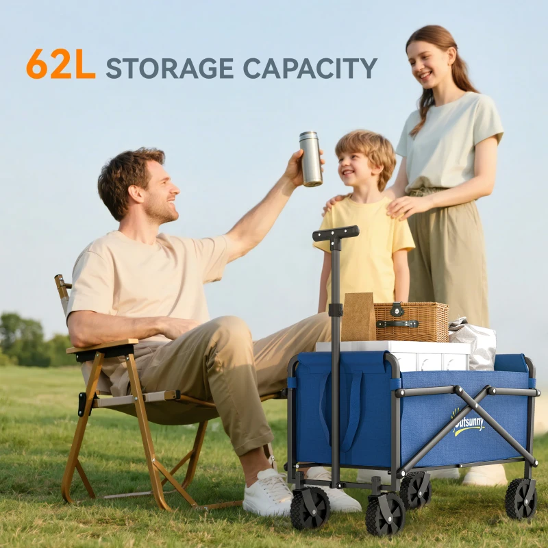 Outsunny 62L Festival Trolley on Wheels, Portable Small Folding Trolley Cart, 60kg Heavy Duty Collapsible Foldable Wagon with Adjustable Handle and Carrying Bag for Beach, Camping, Garden, Blue