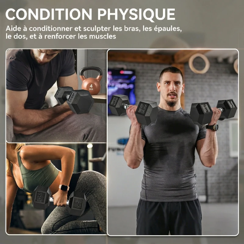 HOMCOM Lot de 2 Haltères hexagonaux 25 kg en fonte caoutchouté pour maison bureau gym à domicile, noir