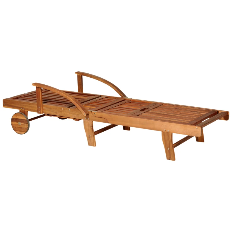 Outsunny Folding Wooden Sun Lounger, 4-Level Adjustable Garden Lounger Recliner with Side Tray and Wheels, Outdoor Reclining Sunbed with Slatted Seat and Armrests for Patio, Terrace, Teak