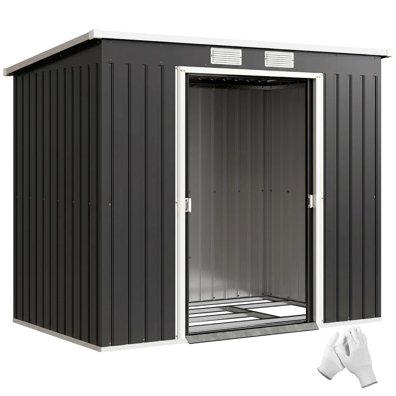Outsunny Depozit pentru Unelte de Grădină din Metal cu Kit Fundație, Uși Duble, Ventilație și Acoperiș Înclinat, Gri