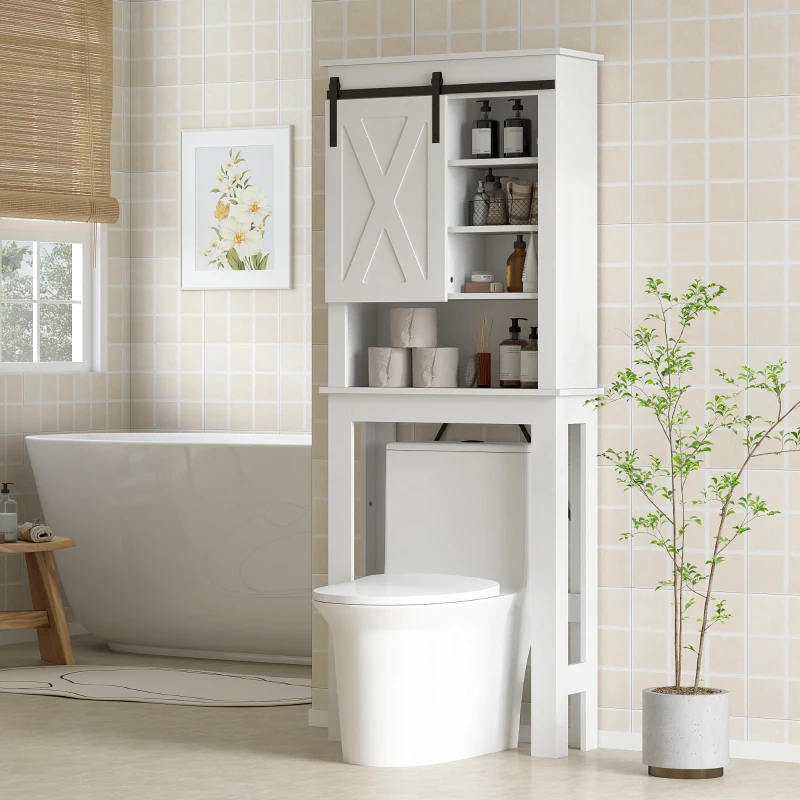 HOMCOM Mueble sobre Inodoro para el Baño con Puerta Corredera de Granero y 6 Compartimentos Estilo Rústico 67x25x172 cm Blanco