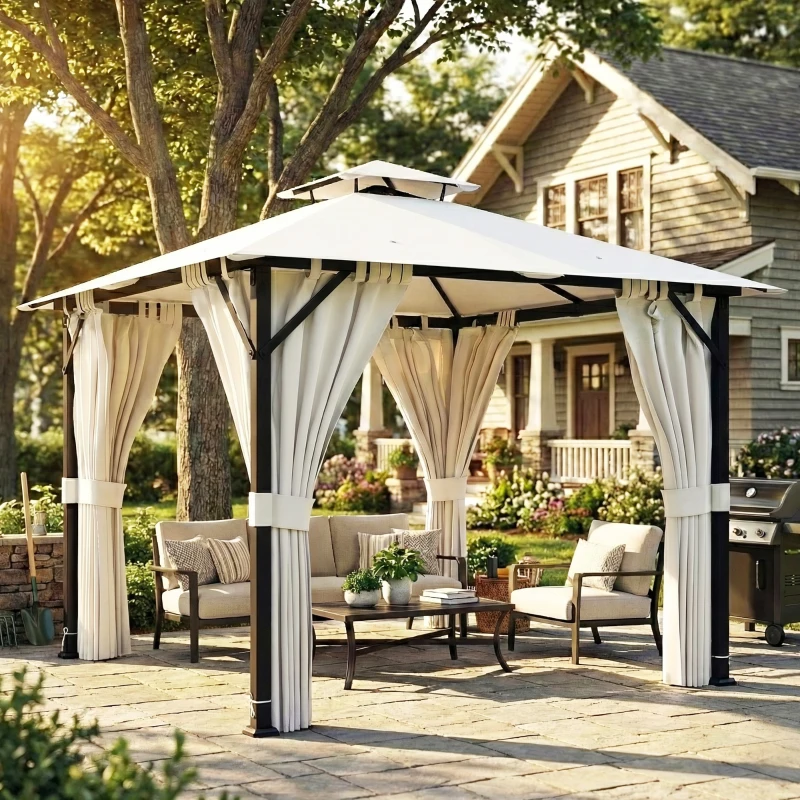 Outsunny Tonnelle de jardin extérieur 3x3m pavillon de jardin, toit double, rideaux, crochets de plafond, cadre en métal, crème