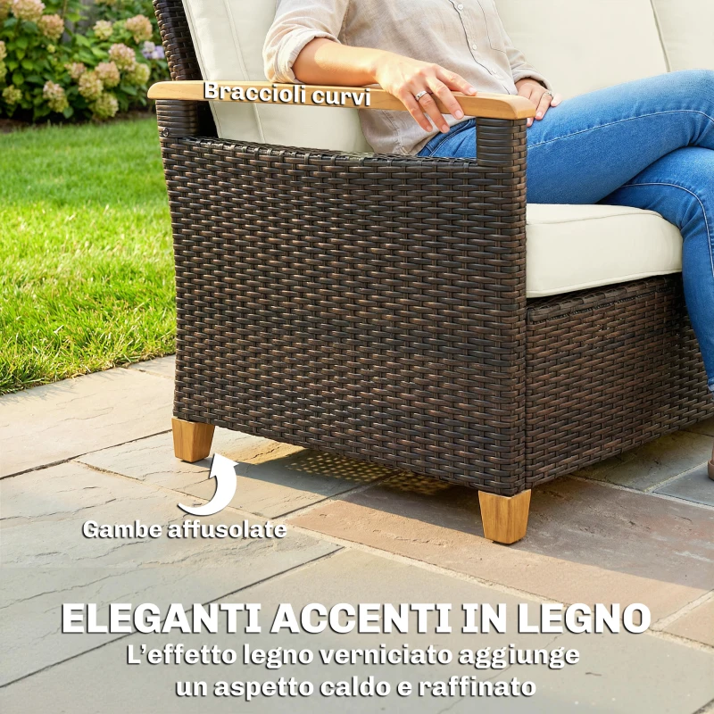 Outsunny Divanetto da Esterno a 3 Posti in Rattan PE, con Braccioli Effetto Legno, Cuscini Lavabili, Marrone e Crema