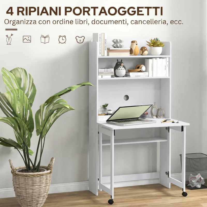 HOMCOM Scrivania Pieghevole con Libreria a 4 Ripiani, 2 Ruote e Foro Passacavi, 80x69x155 cm, Bianco