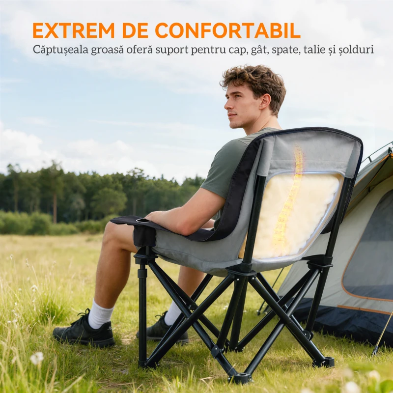 Outsunny Scaun de camping pliabil cu 2 suporturi pentru pahare și buzunare laterale, 99x71x103 cm, gri și negru
