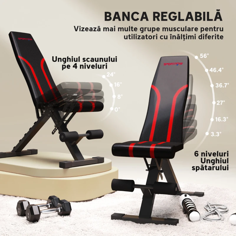 SPORTNOW Bancă Fitness Pliabilă, Bancă Abdominale Multifuncțională Înclinabilă cu Spătar Reglabil pe 6 Niveluri, Negru