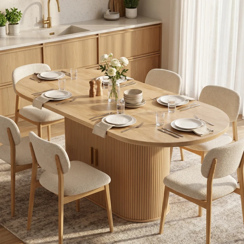 HOMCOM Table à Manger Ovale pour 6 personnes, Portes Coulissantes, 6 Compartiments, Style Farmhouse Moderne, 180x80x75cm, Chêne