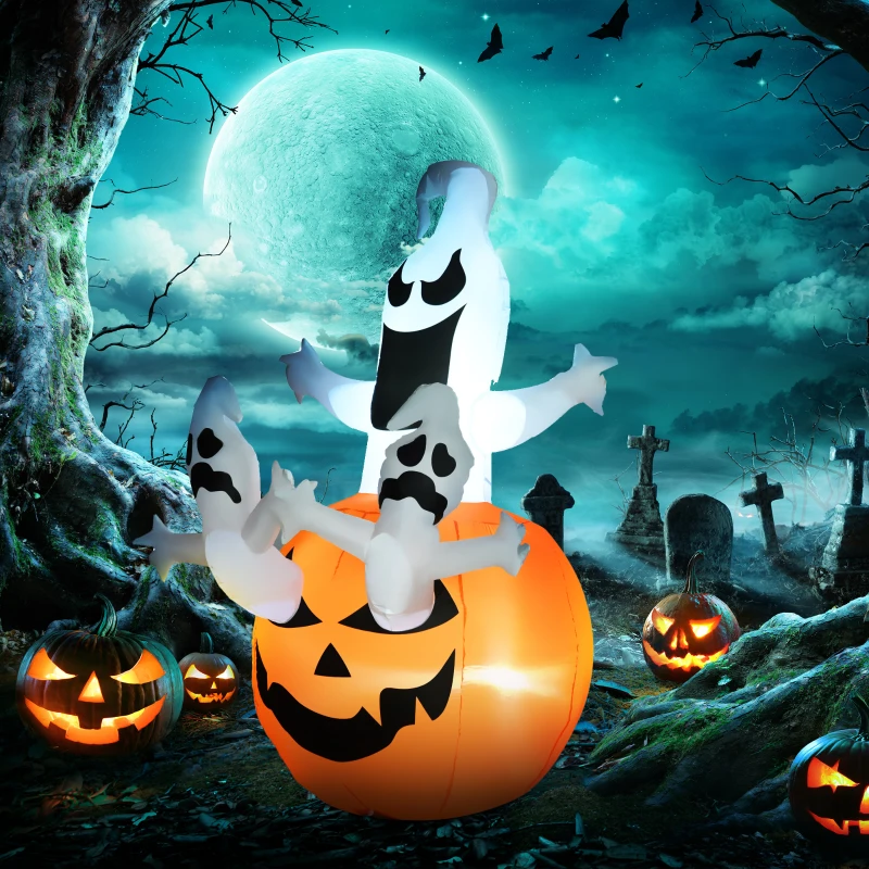 HOMCOM Aufblasbarer Kürbis Geist Gespenst Halloween Deko Figur Luftfigur mit LED Beleuchtung, Polyester, 120x120x180cm