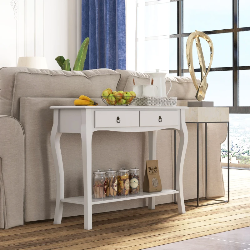HOMCOM Mesa Consola Aparador Salón Comedor Mueble Recibidor Mesa Auxiliar con Cajones y Estante Diseño Elegante 100x33x75cm Madera Color Blanco Brillo