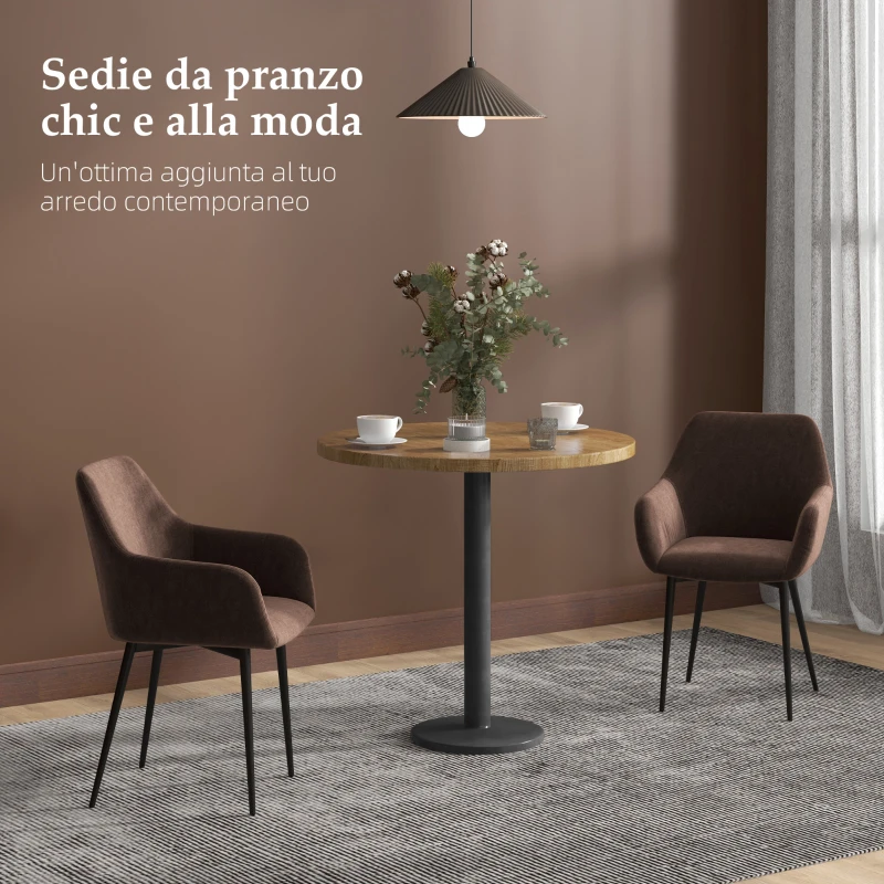 HOMCOM Set 2 Sedie da Pranzo Nordiche Imbottite con Braccioli Ricurvi in Tessuto Effetto Velluto, 54x57x80 cm, Marrone