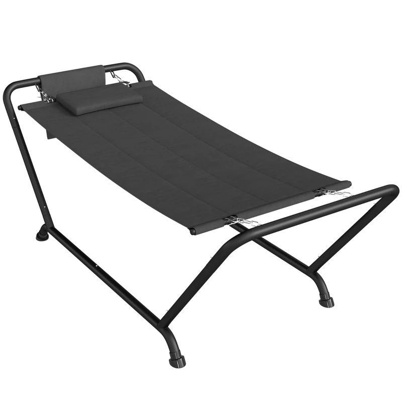 Outsunny Outdoor Hammock with Stand, Freestanding Hammock with Side Pocket, Headrest for Patio, Balcony, Porch, Dark Grey