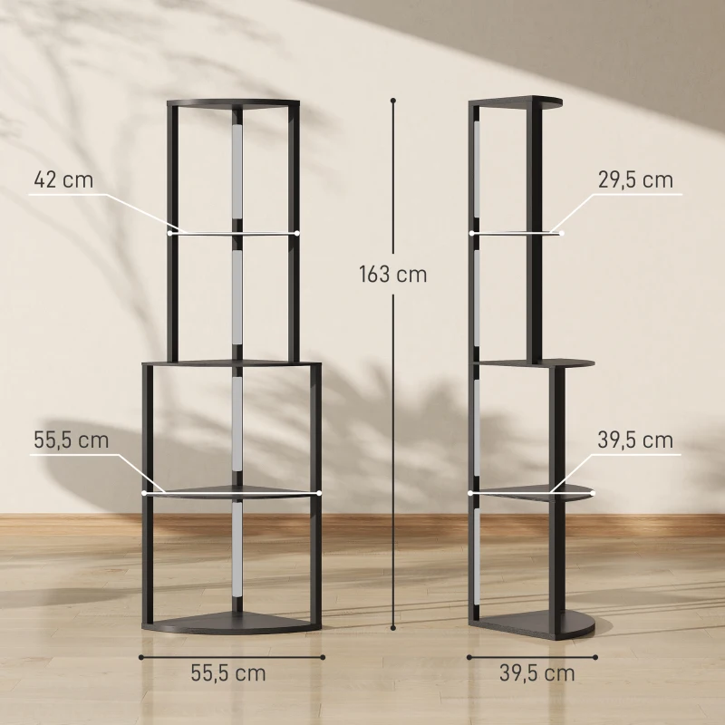 HOMCOM Lampadaire sur pied salon, lampadaire avec étagères d'angle à 4 niveaux, luminosité réglable, 55,5 x 39,5 x 163 cm, noir
