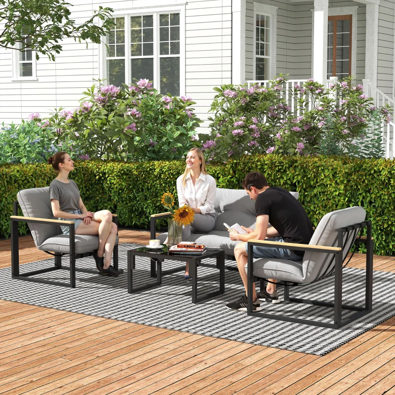 Outsunny Salon de jardin extérieur 4 personnes avec canapé, 2 fauteuils et table basse en verre trempé, coussins inclus, gris