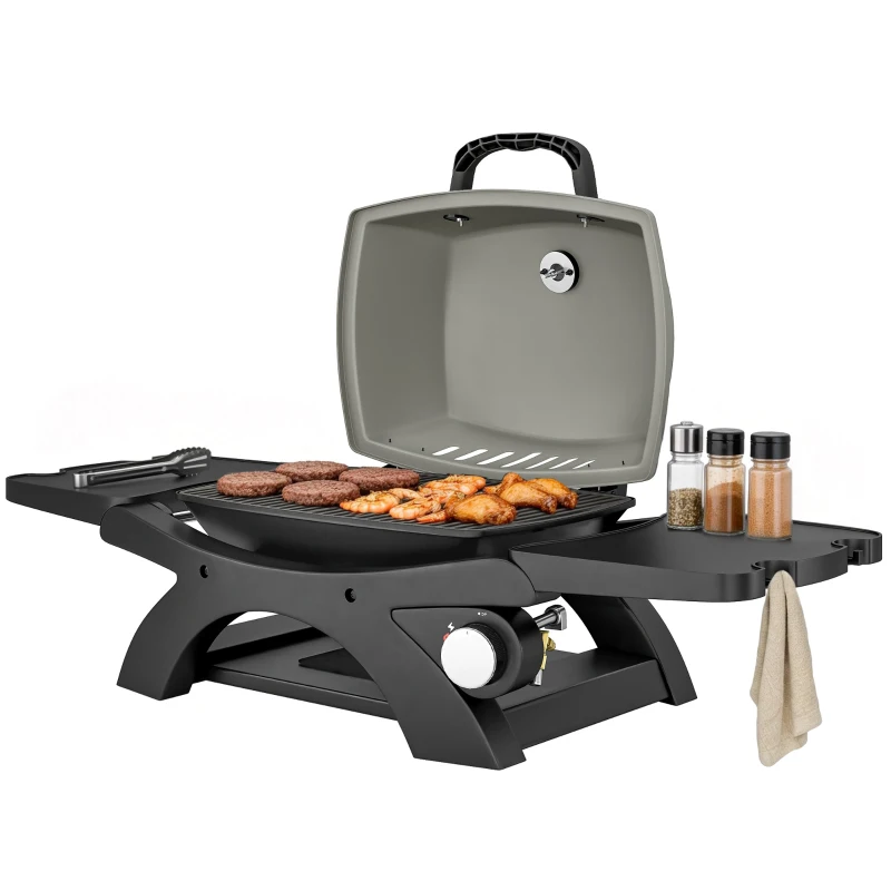 Outsunny Gasgrill 3,3 KW Tischgrill mit 1 Brenner klappbar Seitentischen Gusseisen Grillroste herausnehmbar Fettauffangschale