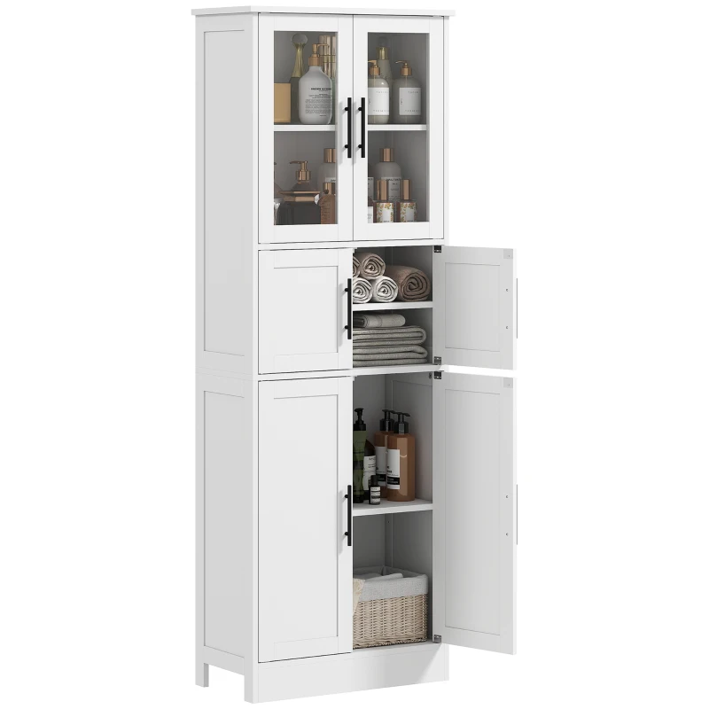 HOMCOM Meuble de salle de bain, meuble de rangement 6 niveaux, 6 portes dont 2 vitrées, étagères réglables, 60x30x170cm, blanc