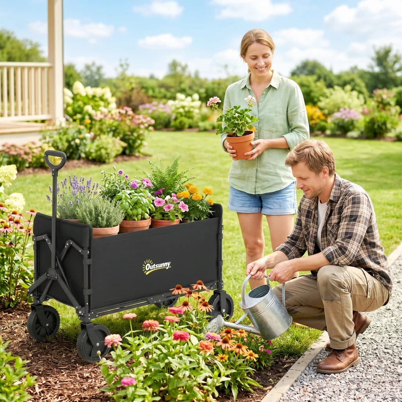 Outsunny Carrello da Giardino da 180L Pieghevole con Pannello Apribile, in Acciaio e Poliestere, 90x48x62 cm, Nero