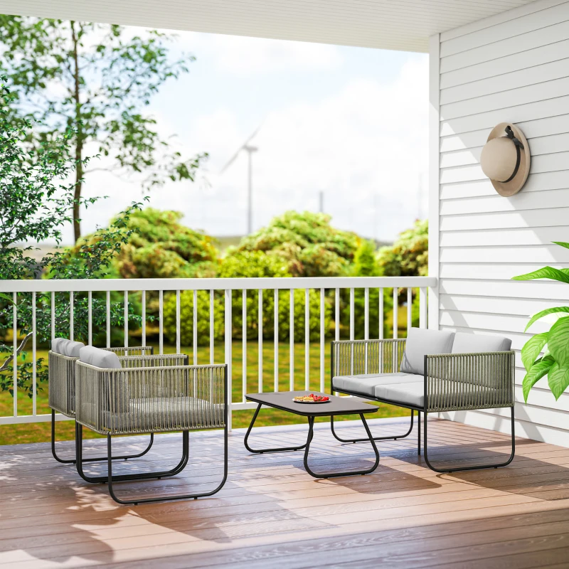 Outsunny Set da Giardino Rattan con Divanetto 2 Posti, 2 Poltrone e Tavolino in Vetro, Cuscini Sfoderabili, Grigio