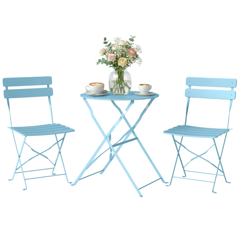 Outsunny 3-teiliges Garten Bistro Set Klappbar Bistrotisch mit 2 Stühlen Lamellen-Sitz Doppelt X-Beine Hellblau