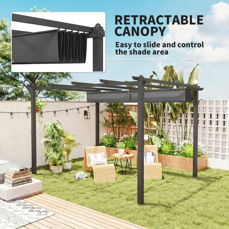 Outsunny 3 x 4m Aluminium Pergola, with Retractable Roof - Dark Grey