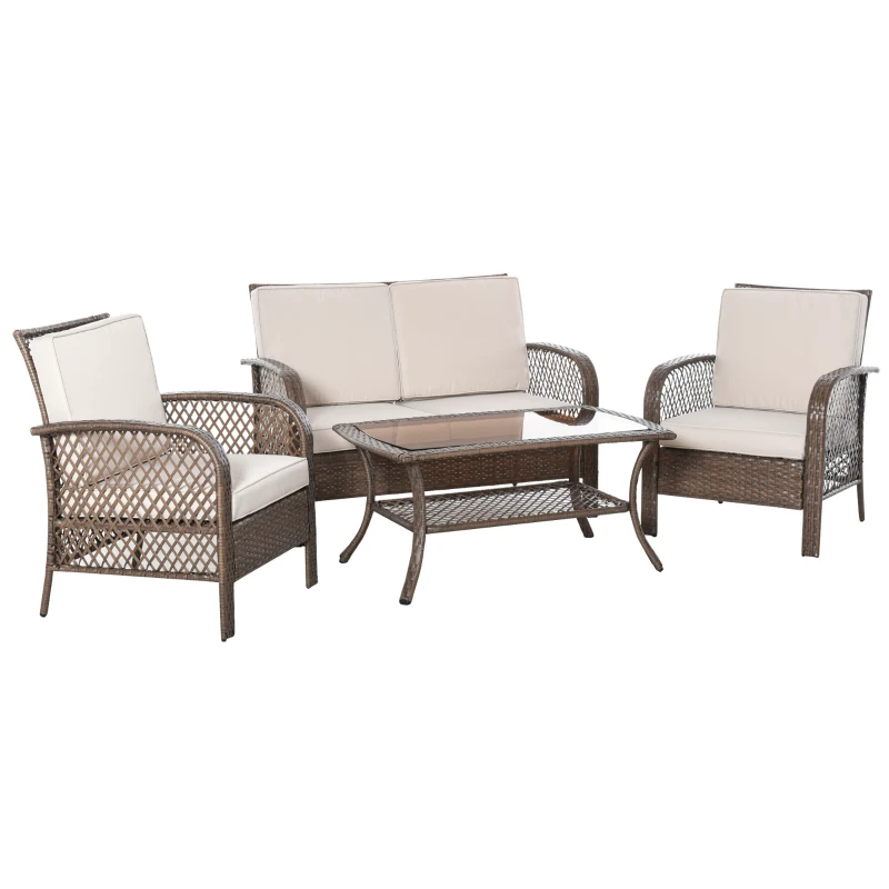 Outsunny Conjunto de 4 Muebles de Jardín de Ratán PE Sillón Sofá Doble y Mesa de Café con Cojines Lavable para Exterior Terraza Patio Marrón y Caqui