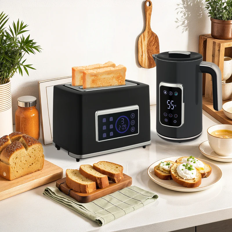 HOMCOM Conjunto Chaleira e Torradeira com Ecrã LED Touch, 1,7 L, 2 Ranhuras, Vários Modos e Funções, Preto