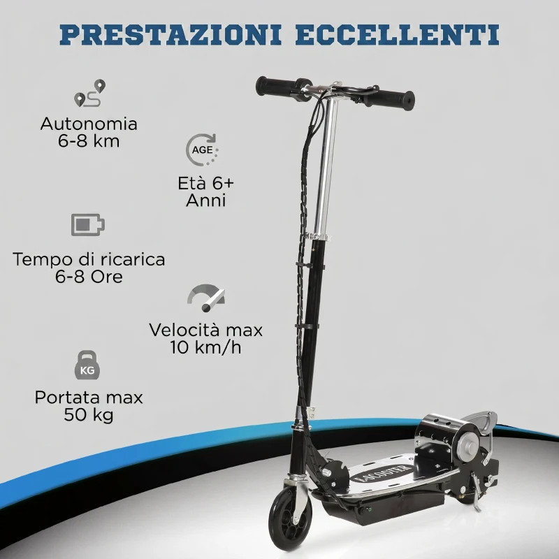 HOMCOM Monopattino Pieghevole per Bambini 7-12 Anni da 120W con Freno e Cavalletto, 75x37x98 cm, Nero