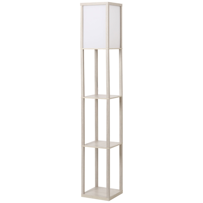 HOMCOM Lámpara de Pie con Estantes de Almacenaje, Lámpara de Madera Moderna, Bombilla E27, para Salón, Dormitorio, Oficina, Roble