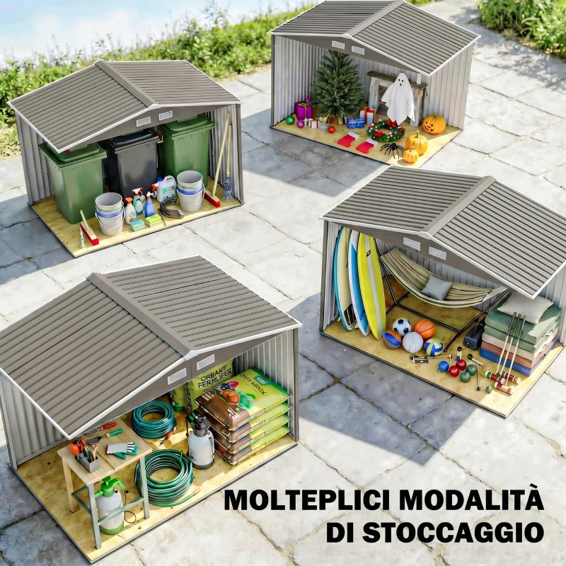 Outsunny Cobertizo de Jardín 4,9 m² 277x195x192 cm con 2 Puertas Corredizas Base Refuerzo (Suelo NO Incluido) Gris