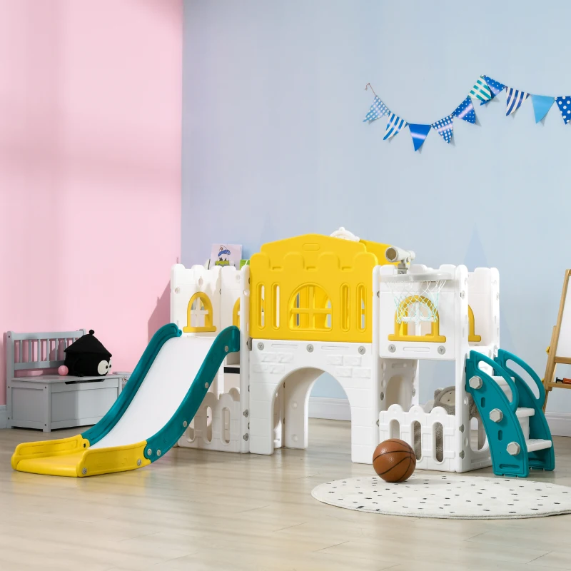 AIYAPLAY Escorrega infantil, estrutura de jogo 7-in-1, com basquete & volante, para 1-3 anos, 178x177x99cm, Amarelo/Branco/Verde