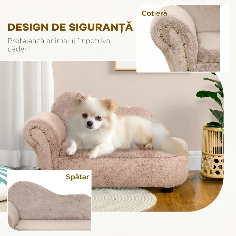 PawHut Canapea Ridicată pentru Câini cu Spațiu de Depozitare Ascuns, din Lemn și Material Catifelat, 80x40x46 cm, Bej