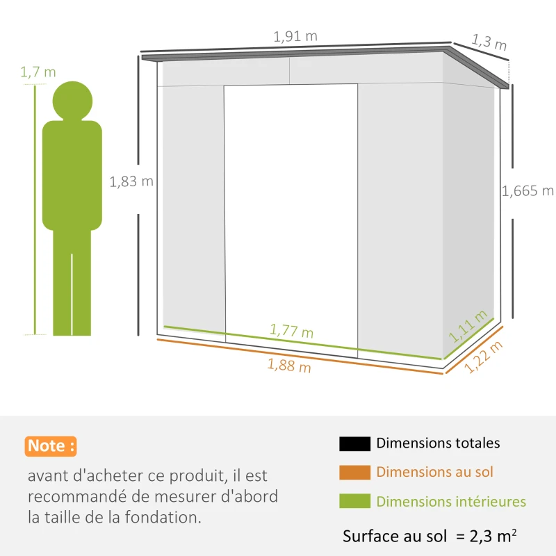Outsunny Abri de jardin 2,3m² - pour Outils - cabanon Porte verrouillable - dim. 191L x 130P x 166,5-183H cm - acier
