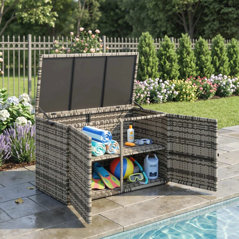 Outsunny Baule da Esterno da 350L a 2 Livelli con Pistoni a Gas, Rattan PE e Acciaio, 118x57x69 cm, Grigio